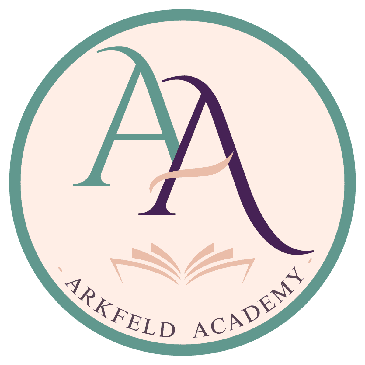 Circular logo for Arkfeld Academy with a teal outer ring and a beige background. Two overlapping capital A letters in teal and dark purple sit above an open book icon, with the text "Arkfeld Academy" curved along the bottom.