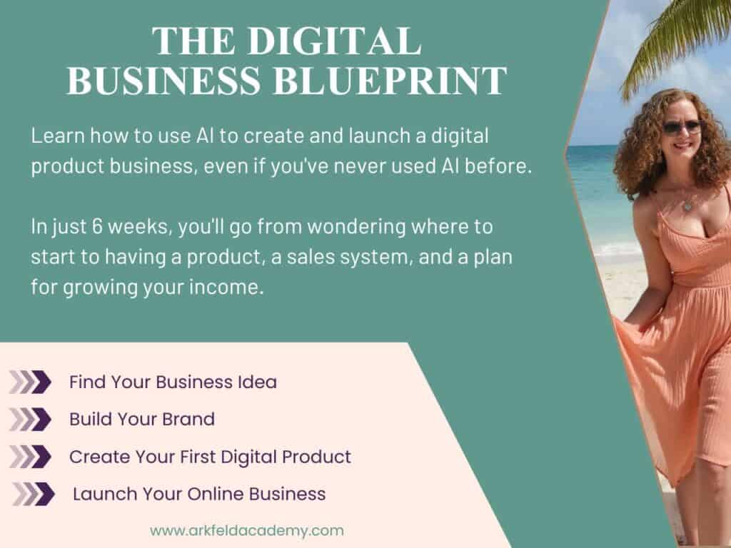 Promotional graphic for "The Digital Business Blueprint." The graphic features a teal background with the text "Learn how to use AI to create and launch a digital product business, even if you've never used AI before. In just 8 weeks, you'll go from wondering where to start to having a product, a sales system, and a plan for growing your income." A checklist highlights "Find Your Business Idea," "Build Your Brand," "Create Your First Digital Product," and "Launch Your Online Business." On the right, a woman in a coral dress stands on a tropical beach beneath a palm tree, and the bottom of the graphic displays "www.arkfeldacademy.com